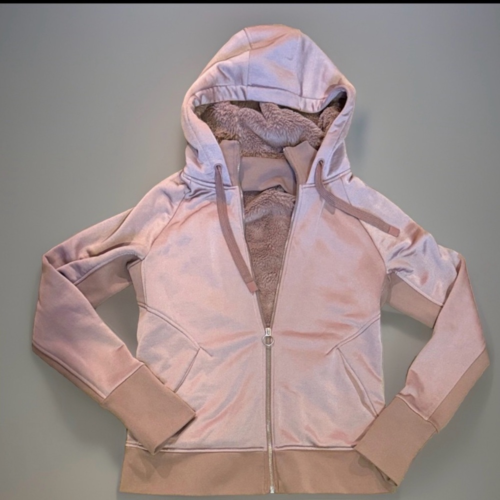 Athleta women’s size medium, pink gray stretchy soft heavy fuzzy zip up